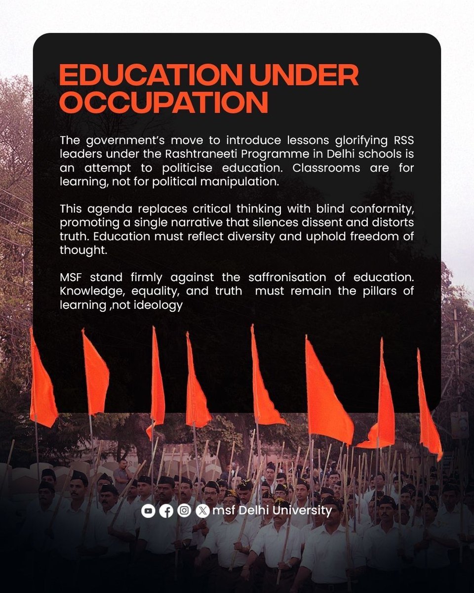 msf_DU's tweet photo. MSF stands firmly against the saffronisation of education, affirming that knowledge, equality, and truth must remain the core pillars of learning not political ideology. https://t.co/fpU71uhGUa