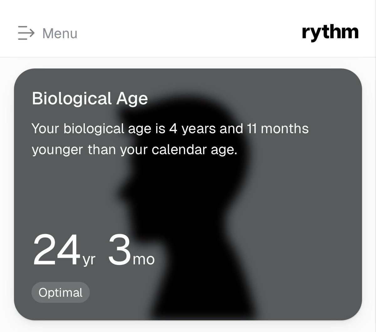 Somnium_Magnus's tweet image. Making improvements for longevity & vitality. Focusing on exercise, eating right and spending time outside.
Going to try to bring this down another few years. Thanks @rythmhealth for the monthly blood tests 🩸
Check out Rythm - Use my code GWMWHUTX at rythmhealth.com…