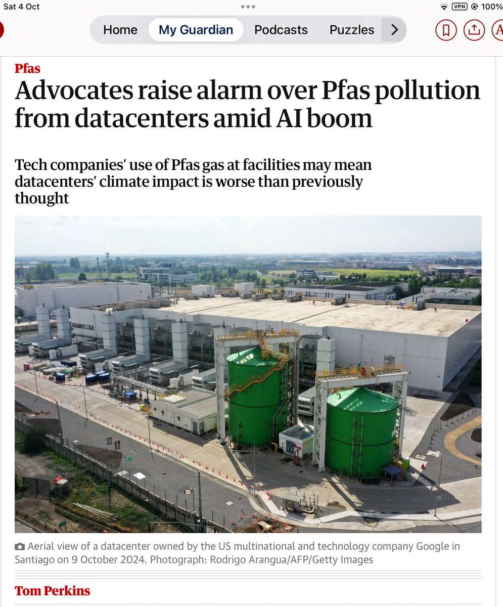 JillBelch's tweet image. We must learn we can’t have it all. Earth matters
Datacenters’ electricity use requires US #FossilFuel plants to stay online. High level of water use alarming. Now their use of #Pfas gas (f-gas), potent greenhouse gases, is worrying.  
Their climate impact is worse than realised