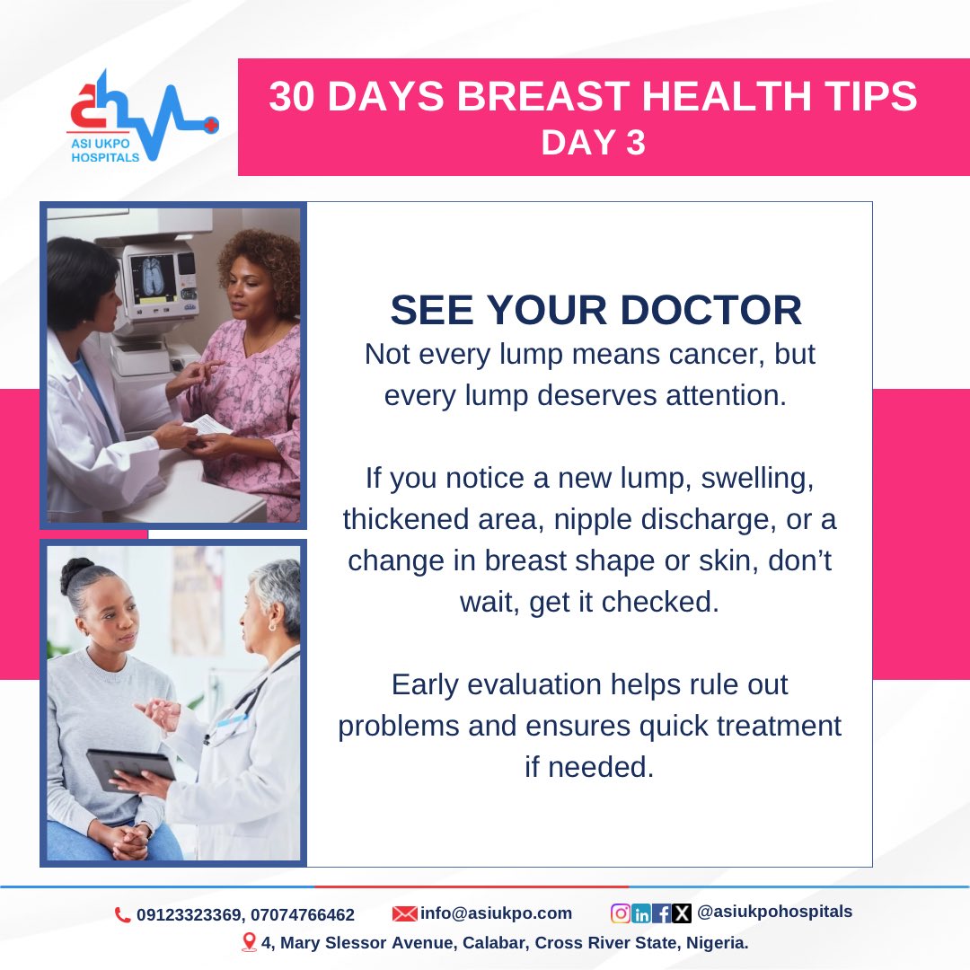 Day 3: Notice any new lump or change? Don’t wait — see your doctor right away. Early detection saves lives. 💗
#BreastCancerAwareness  #31DaysOfBreastHealth #BreastCancerAwarenessMonth