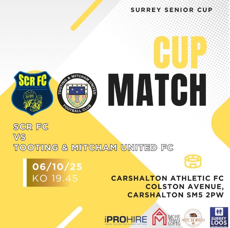 Surrey Senior Cup 🏆 

This Monday at Colston Avenue, don’t miss out on the action 🤩 

#LOCALFOOTBALL