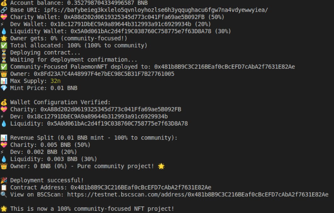 🚨 FINAL TEST SUCCESSFUL! 🚨
The new Pal Platypus NFT range has officially deployed! 🦆💎
✅ 100% community-focused project
💖 50% to Charity
🧠 20% to Dev
💧 30% to Liquidity
👑 0% to Owner — 100% for the people!

🔗 View on BSC Testnet:
 testnet.bscscan.com/address/0x481b…