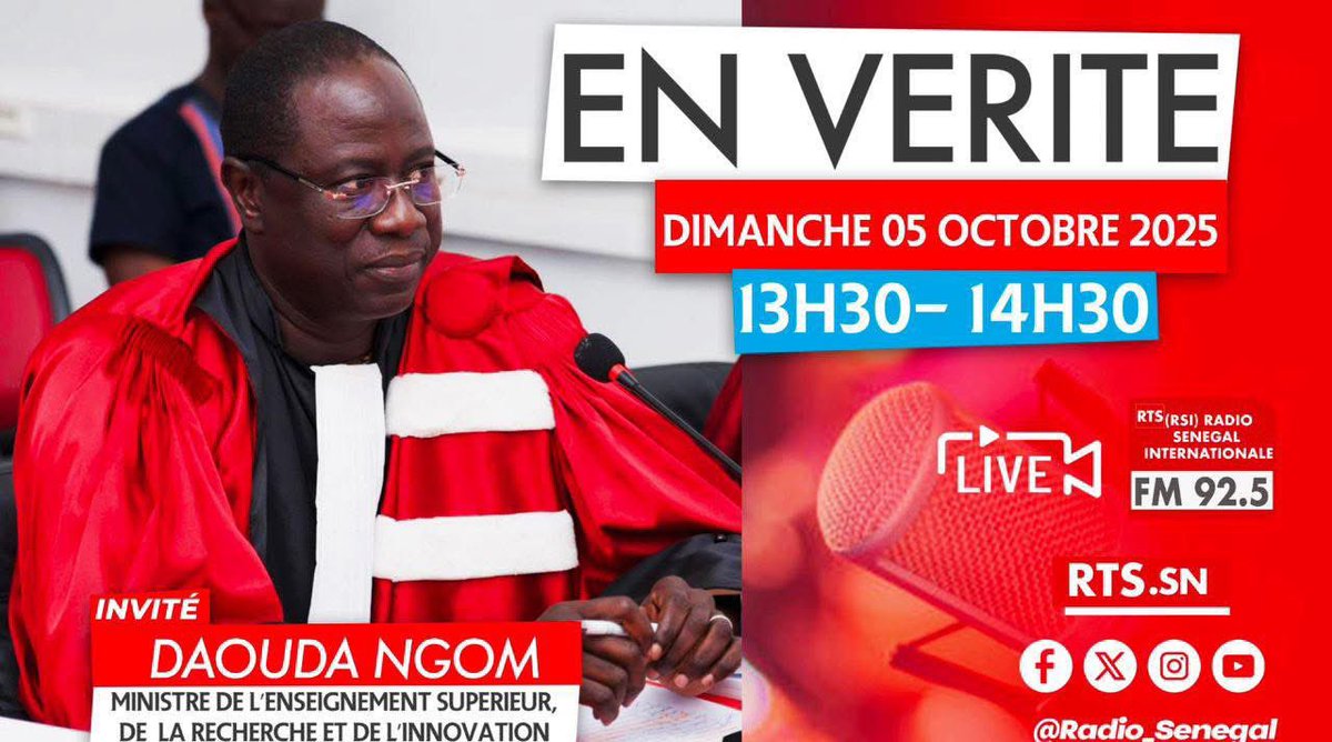 Je serai l’invité de Migui Maréme Ndiaye sur Radio Sénégal International et RTS digital dans l’émission « EN VÉRITÉ », ce dimanche à partir de 13h 30 insha Allah.