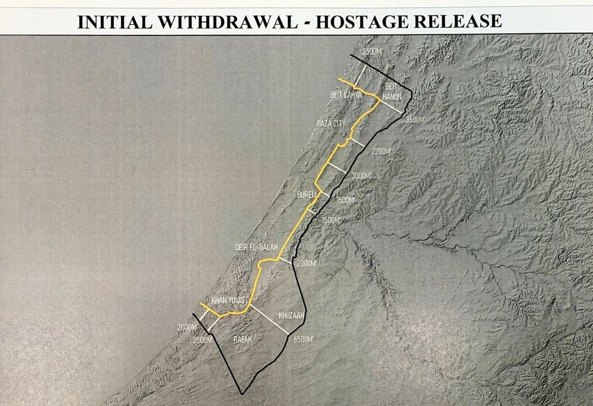 TrumpTruthOnX's tweet image. After negotiations, Israel has agreed to the initial withdrawal line, which we have shown to, and shared with, Hamas. When Hamas confirms, the Ceasefire will be IMMEDIATELY effective, the Hostages and Prisoner Exchange will begin, and we will create the conditions for the next…