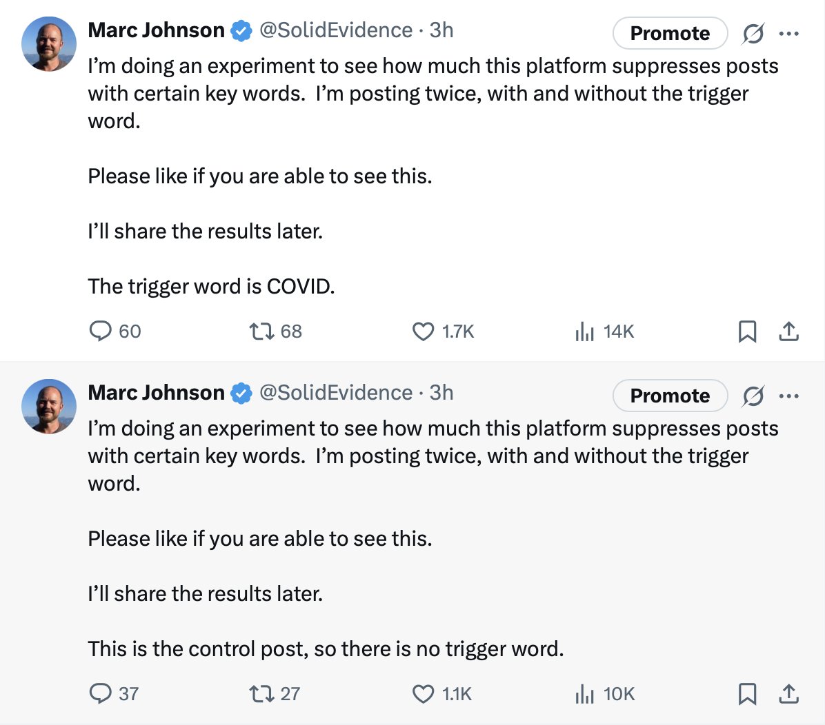 SolidEvidence's tweet image. Experiment failed, so I deleted the posts.  The bots are smarter than I thought. 
It could have been affected by all of the comments though.