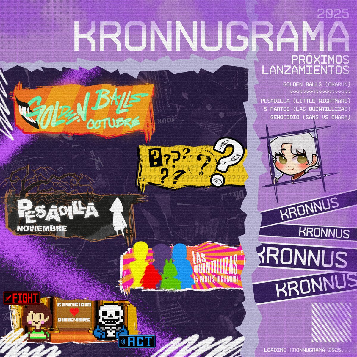 ⚠️INFORMACIÓN RELEVANTE⚠️

KRONNUGRAMA AÑO 2025

-🟡GOLDEN BALL🟡 (Okarun Song)

-??? (Sorpresa)🤫

-🎭PESADILLA👾 (Little nightmares 3 Song)

-⭐️5 PARTES❤️ (The Quintessential Quintuplets Song)

-🔪GENOCIDIO🦴 (Sans vs Chara)