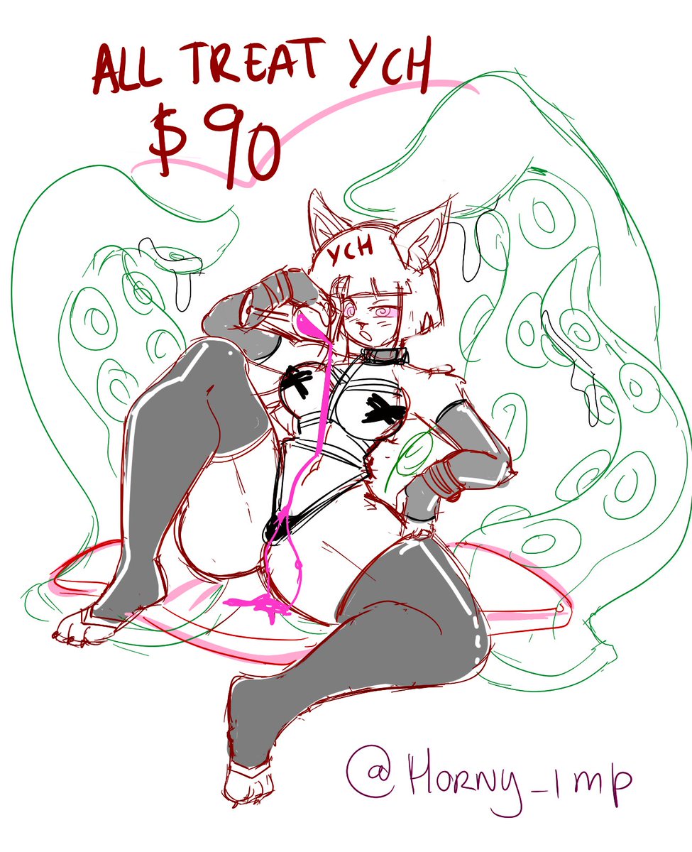 No trick, All treat #YCH! 
> Any gender 
> Any species~ 
> Paypal only 
> Optional #null  
> Optional wet/ goo
> +$15 for nsfw version (you get both) ^^  

I can change the  outfit ^^   
#furry #nsfw #Commission #hypnoart #latex