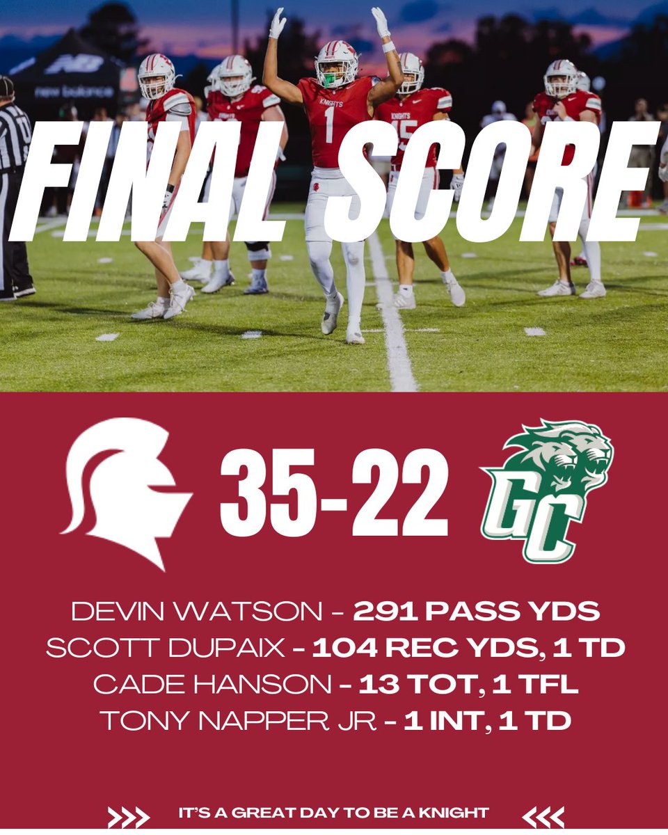 4-0. Best start in school history. ⚔️

Southern Virginia takes down Greensboro 35–22 to stay undefeated.

Devin Watson – 291 Pass Yds
Scott DuPaix – 104 Rec Yds, 1 TD
Cade Hanson – 13 Tackles
Tony Napper Jr – 1 INT, 1 TD

#KnightsNation | #SVUFootball