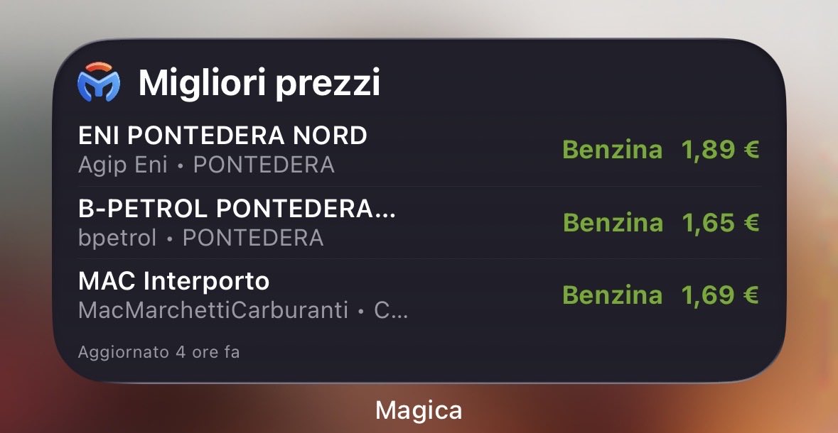 dimix's tweet photo. @magicaapp Mileage Tracker (next version) has a brand new Gas Station widget with most economic prices near you.
By now, only in Italy.
What do you think?

https://t.co/vHzVPlrDad

#indiedev #buildinpublic https://t.co/iZJIa7ujEu