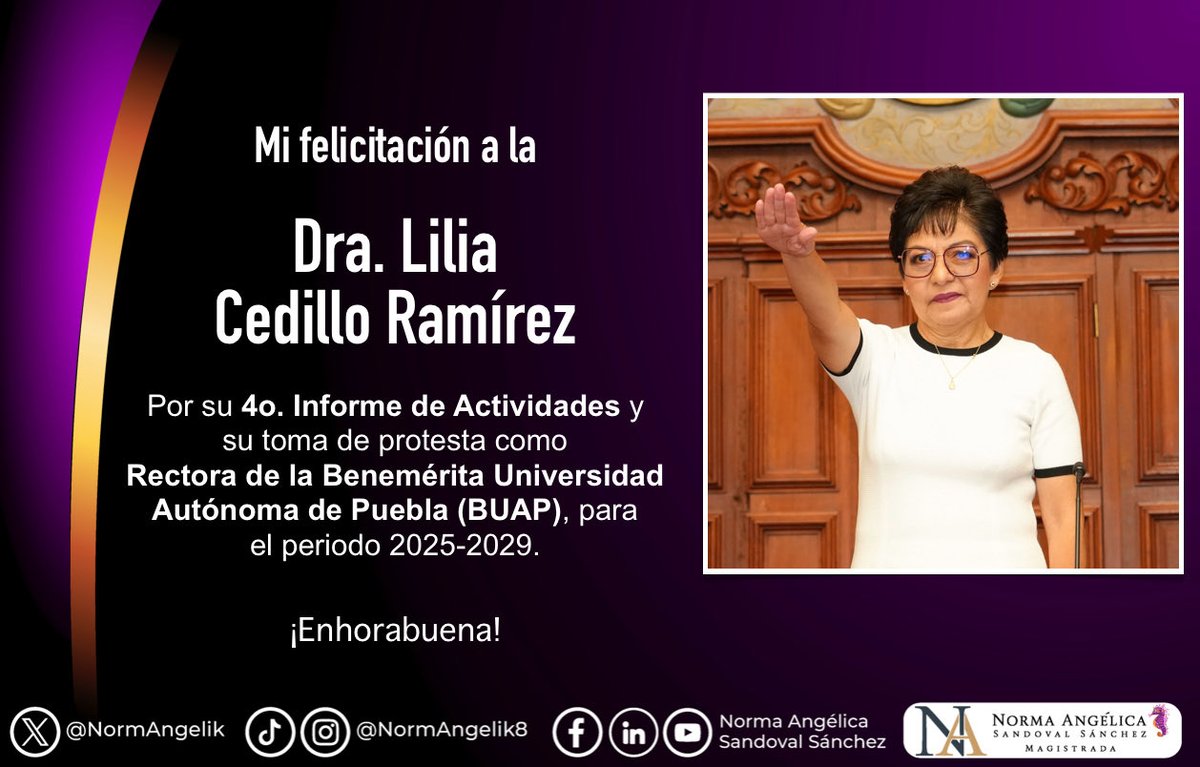 Felicito a la Dra. Lilia Cedillo Ramírez por la rendición de su 4º Informe de Actividades y toma de protesta como Rectora de la <a href="/BUAPoficial/">BUAP</a>, para el periodo 2025-2029, reiterando mi reconocimiento y mejores deseos de éxito en esta nueva etapa de liderazgo académico.