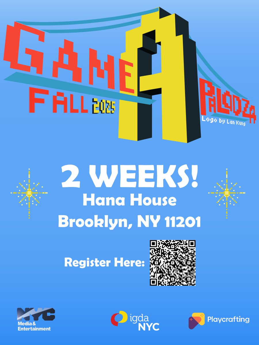 IGDANYC's tweet image. Game-A-Palooza - Fall 2025 is 2 WEEKS away!!  

Join us and @MadeinNY at Hana House in Brooklyn for a celebration of 50+ #NYC indie game devs! Play new &amp;amp; upcoming games!  Tickets are just $5, but are ONLY available in advance: gameapalooza.love 

#NYMakesGames