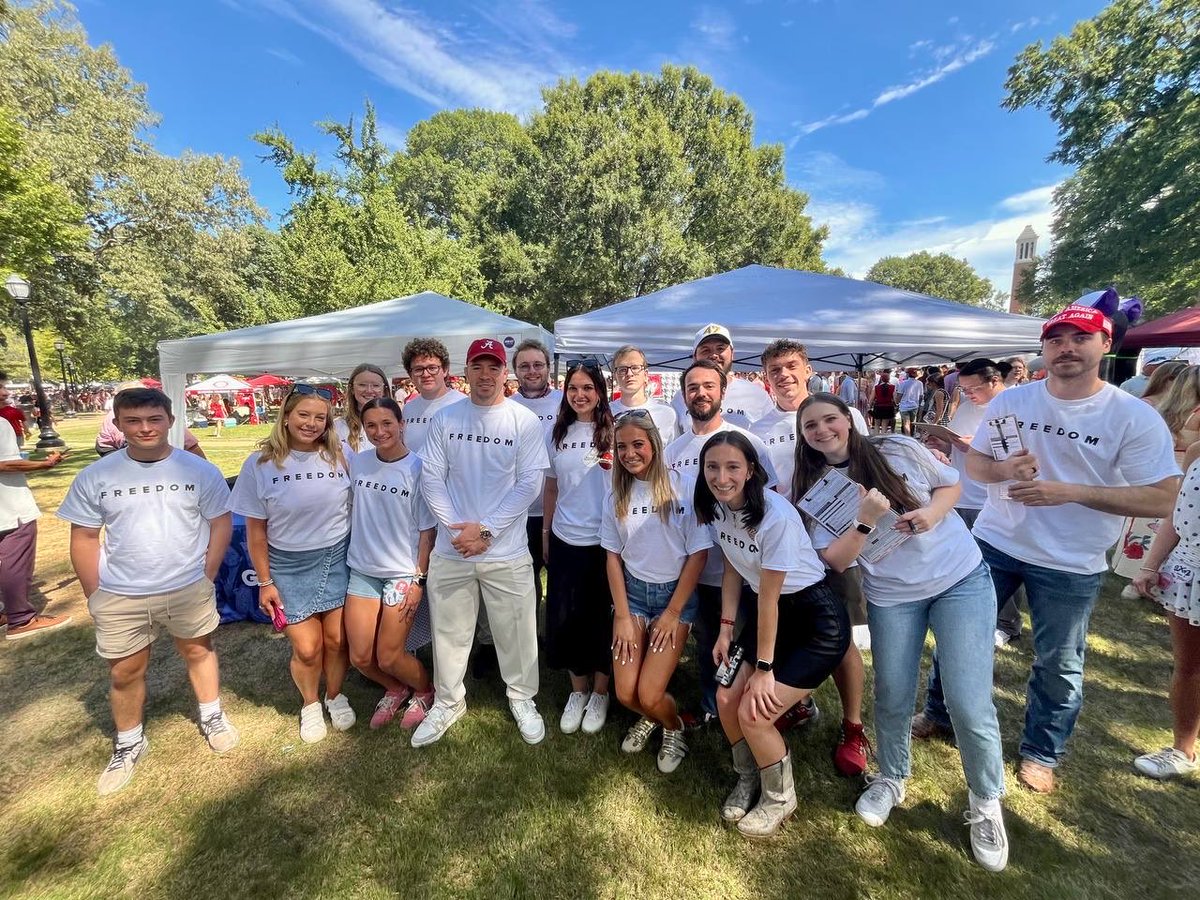 TPUSA's tweet image. Thanks to @ColbyCovMMA + @_ItsSavannah_ for joining us for the @tpusastudents FREEDOM ZONE Tailgate at the University of Alabama, where our team was registering voters, getting students involved, and carrying on our mission! 🇺🇸 🏈