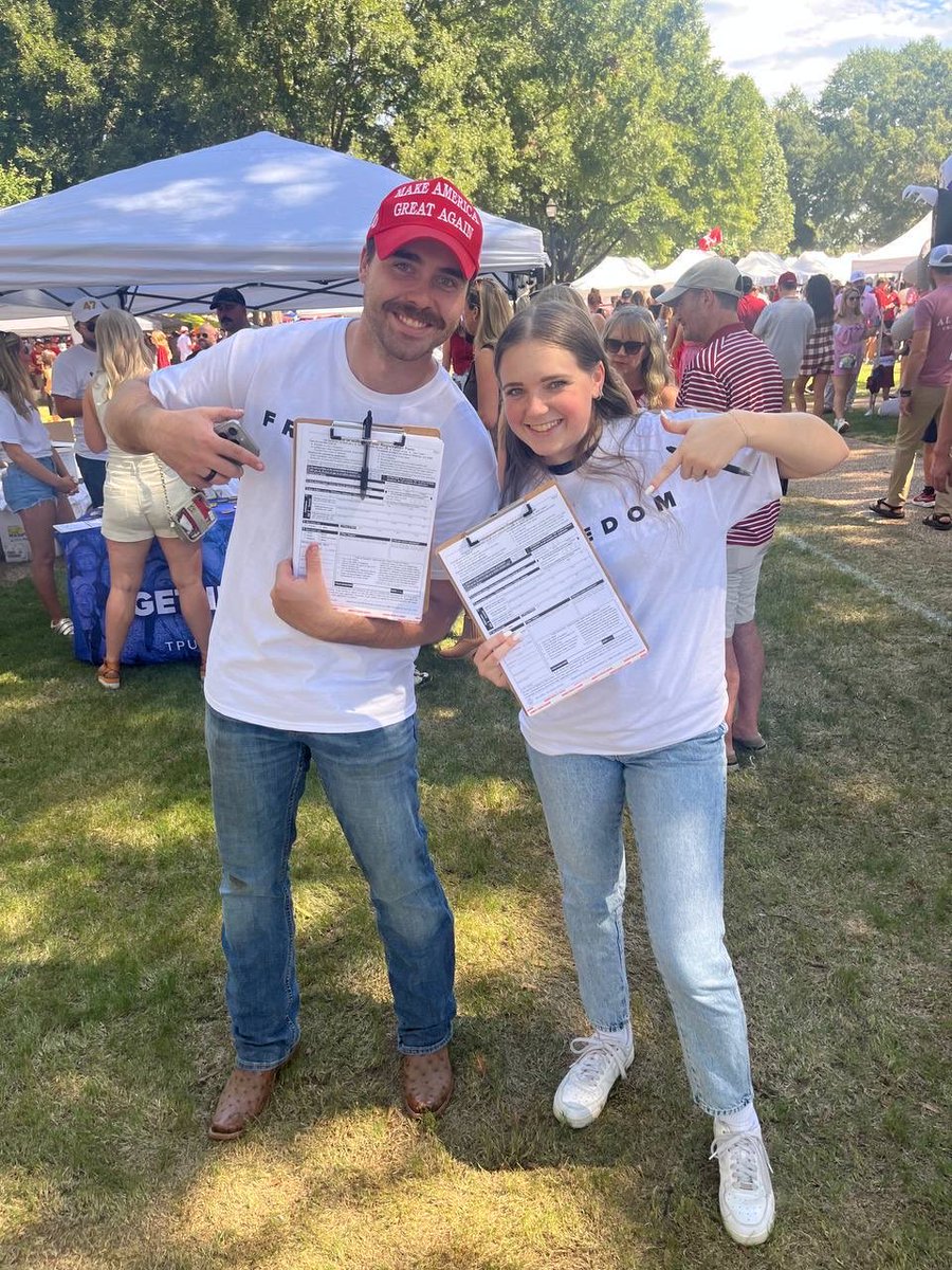 TPUSA's tweet image. Thanks to @ColbyCovMMA + @_ItsSavannah_ for joining us for the @tpusastudents FREEDOM ZONE Tailgate at the University of Alabama, where our team was registering voters, getting students involved, and carrying on our mission! 🇺🇸 🏈