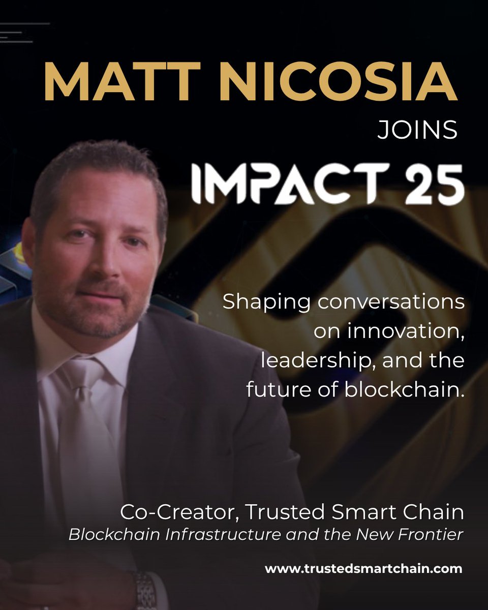 TrustedSociety's tweet image. Excited to see Matt Nicosia, Co-Creator of #TrustedSmartChain at #Impact25 alongside innovators like Mike Gentile (CISOSHARE), Kevin Fink (Jones Day M&amp;amp;A), and Grant Gardner (AMD).
#Blockchain. #Transparency. #Leadership.

🔗 impact25.live

#TSC #Innovation #TSCCommunity