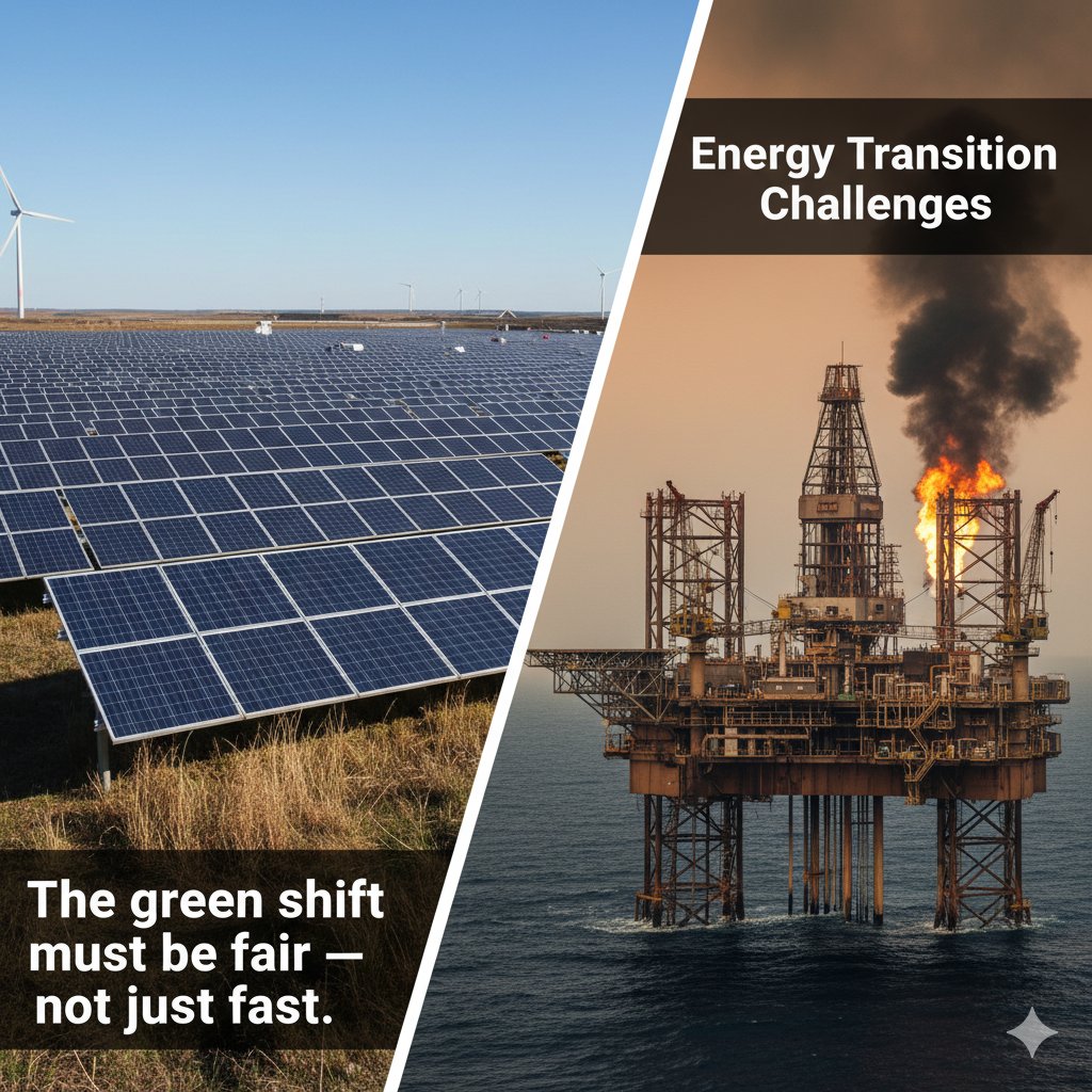 Simply_Adesh's tweet photo. 6️⃣ Energy Transition Challenges The shift to renewable energy is urgent, but unequal. Developing countries need fair access to climate finance and technology — not just promises.
#solarpanels #oilrigs #energy #EnergyTransition https://t.co/SbYKGaxUbm