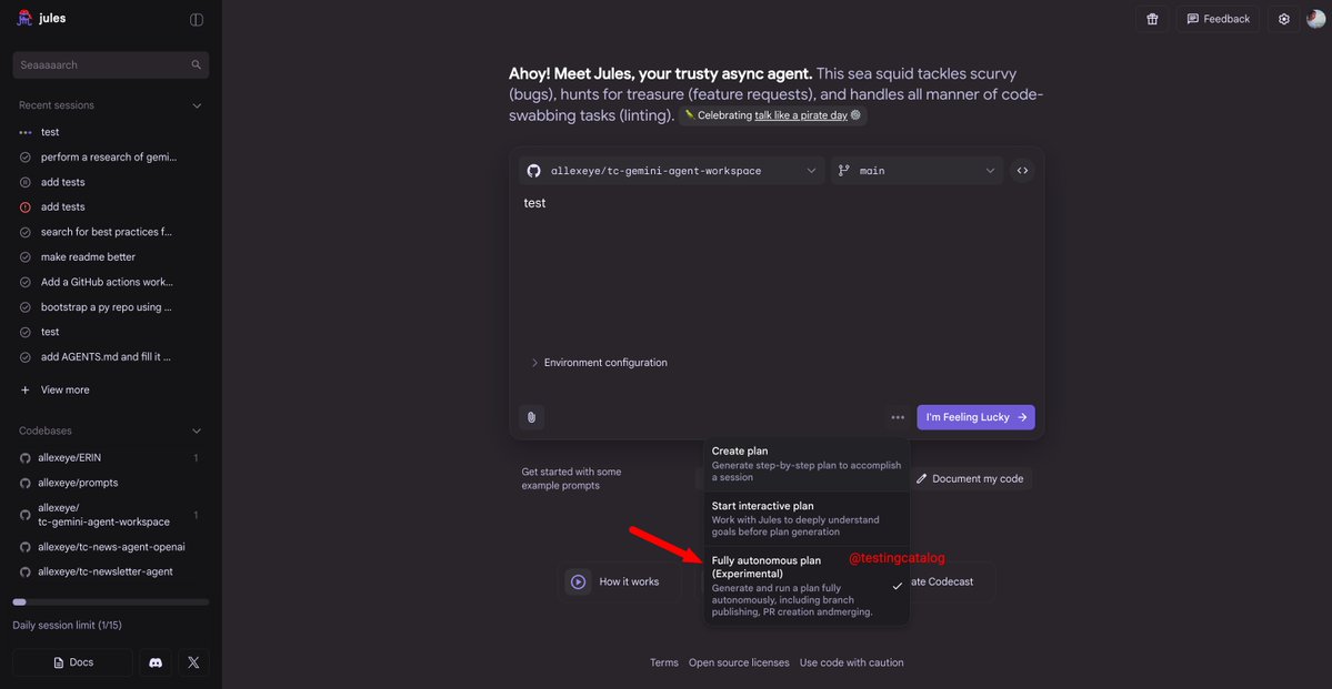 testingcatalog's tweet image. BREAKING 🚨: Google is working on a Fully Autonomous mode for Jules Agent.
"Generate and run a plan fully autonomously, including branch publishing, PR creation and merging."
No more human in the loop 🤖