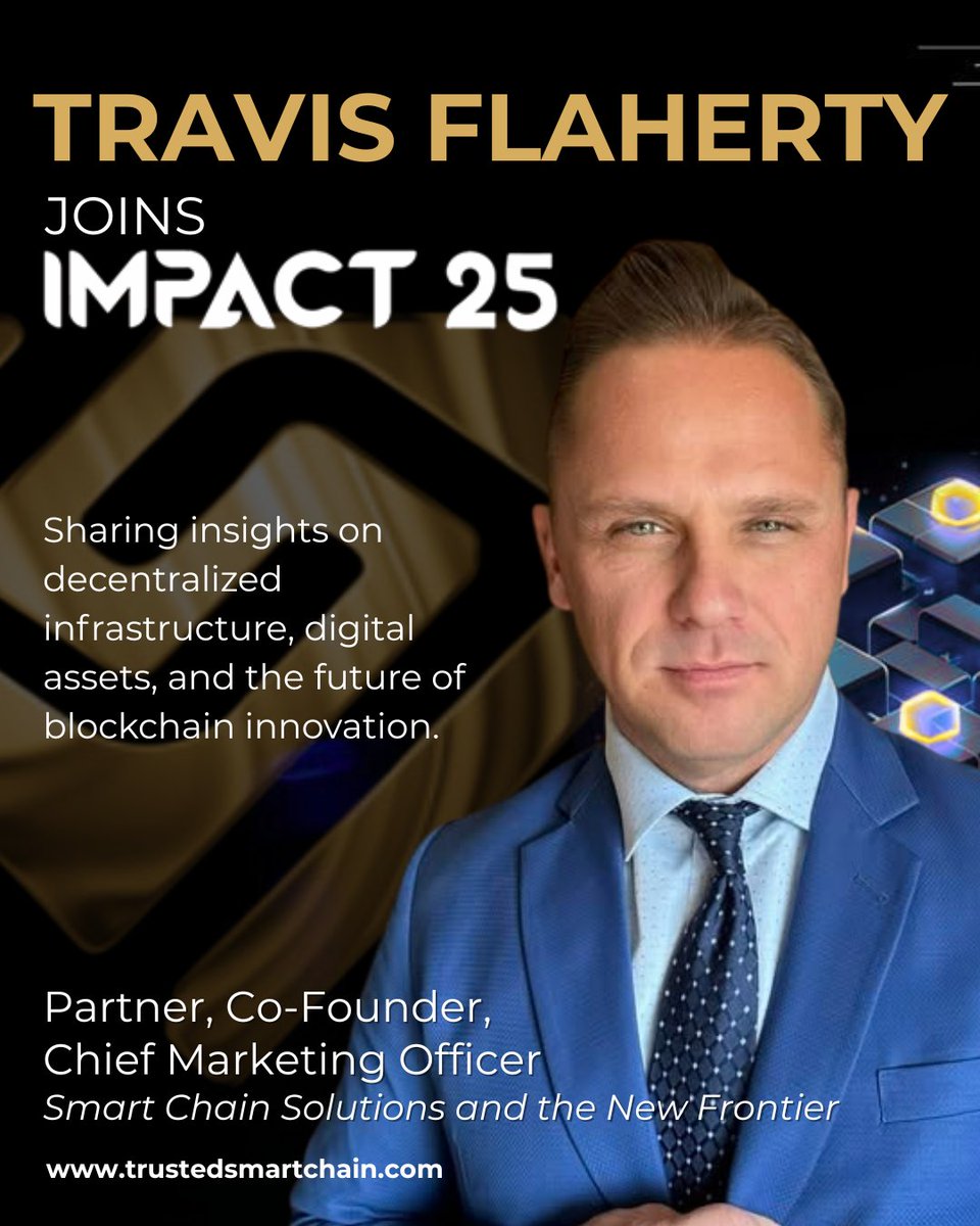 TrustedSociety's tweet image. Travis Flaherty, Co-Founder &amp;amp; CMO of #TrustedSmartChain, joins #Impact25 with Kevin Maloney &amp;amp; Trever Gregory (iTrustCapital), Rob Towles (INK Holdings), and Grant Gardner (AMD) — driving the #Web3 conversation forward.

🔗 impact25.live

#DecentralizedFuture #Leadership