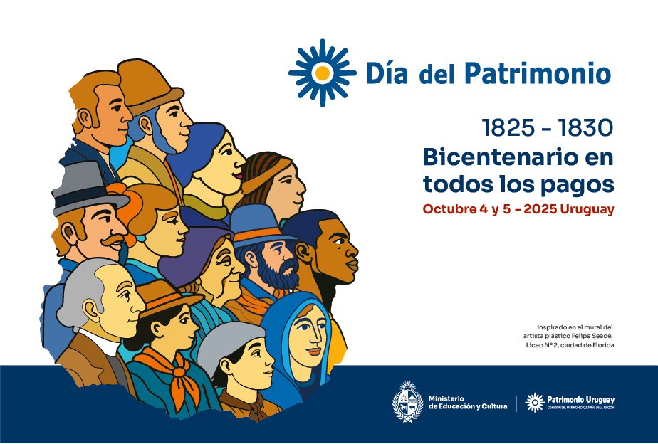 Varios de los rostros del mural de Felipe Seade en el liceo N°2 de Florida, son la base del logo del Día del Patrimonio 2025.

Sirve como disparador para hablar de la interetnia en la raíz de nuestra población, del astigmatismo con la solemnidad estatal y de otros menesteres