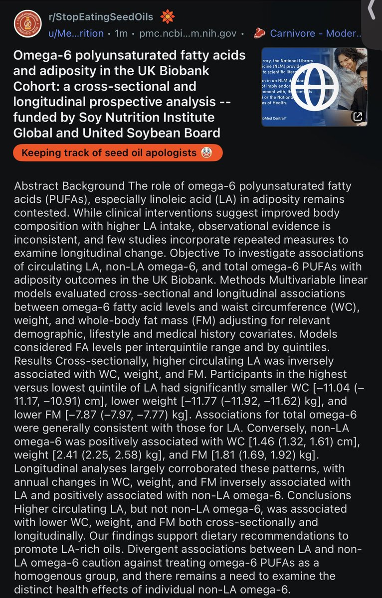 New science supported by a grant from the Soy Nutrition Institute Global <a href="/Soy_Nutrition/">Soy Nutrition Institute (SNI) Global</a> with support from the United Soybean Board says their findings support dietary recommendations to promote LA-rich oils. <a href="/SeedOilDsrspctr/">Seed Oil Disrespecter™️</a> <a href="/TuckerGoodrich/">Tucker Goodrich</a> <a href="/trikomes/">Nick Jikomes</a> <a href="/bigfatsurprise/">Nina Teicholz, PhD</a> <a href="/OmegaQuant/">OmegaQuant</a>