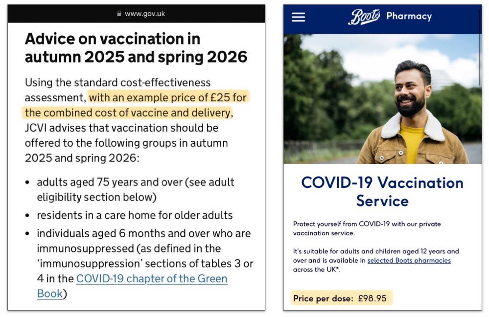 Two screenshots side by side. The left screenshot shows a webpage from gov.uk with text about JCVI advice on COVID-19 vaccination for 2025 and 2026, mentioning an example price of £25 for vaccine and delivery. The right screenshot shows a Boots Pharmacy webpage with a photo of a man in a yellow jacket, text about a private COVID-19 vaccination service, and a price of £89.95 per dose.