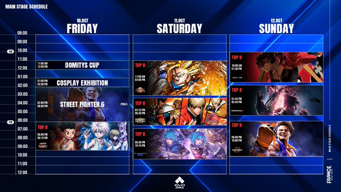 A schedule grid for the Main Stage, divided into Friday, Saturday, and Sunday columns with time slots from 10:00 to 11:00. Each slot features vibrant images of characters including Monkey D. Luffy, Naruto Uzumaki, Ryu, and others from Street Fighter 6 and anime series. Text overlays list events like DOMITS CUP, Cosplay Exhibition, and Street Fighter 6.