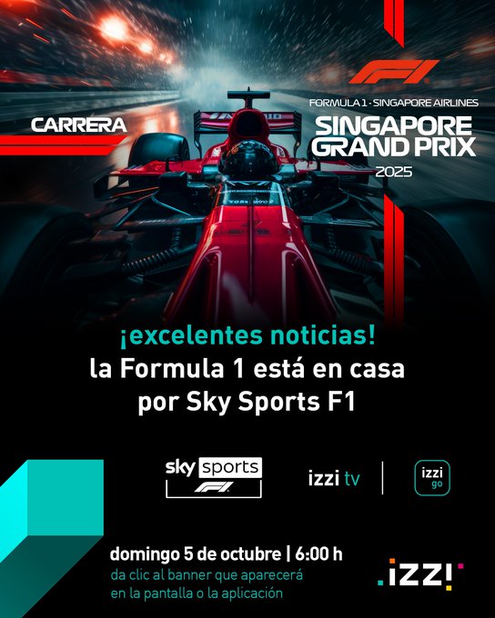 A red Formula 1 race car on a track, viewed from the front. Text overlays include "Carrera," "Formula 1 Singapore Airlines Singapore Grand Prix 2025," "¡excelentes noticias! La Formula 1 está en casa por Sky Sports F1," and "domingo 5 octubre 16:00 h." Logos for Sky Sports F1, izzi, and izzi tv are visible.
