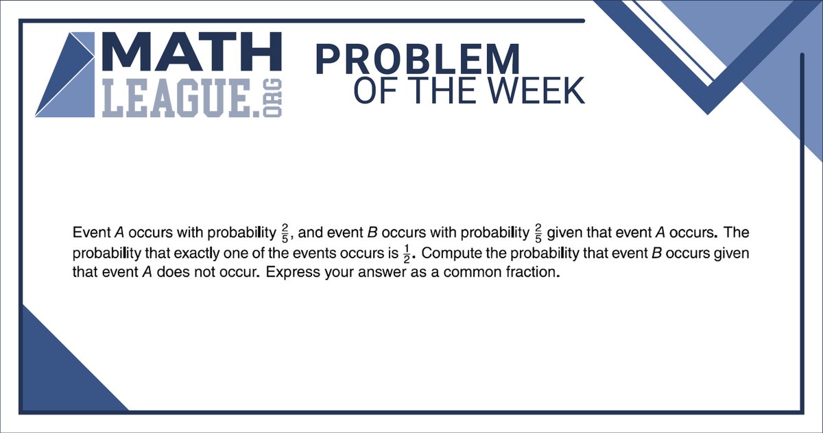 mathleague's tweet image. Here is our #highschool #mathproblemoftheweek for October 5. Please give the problem a try: submit your answer at bit.ly/mathleaguepotw, and you could win a #prize!

Check back in a few days to see a video explanation of this problem. #mathcompetition #math #mathleague