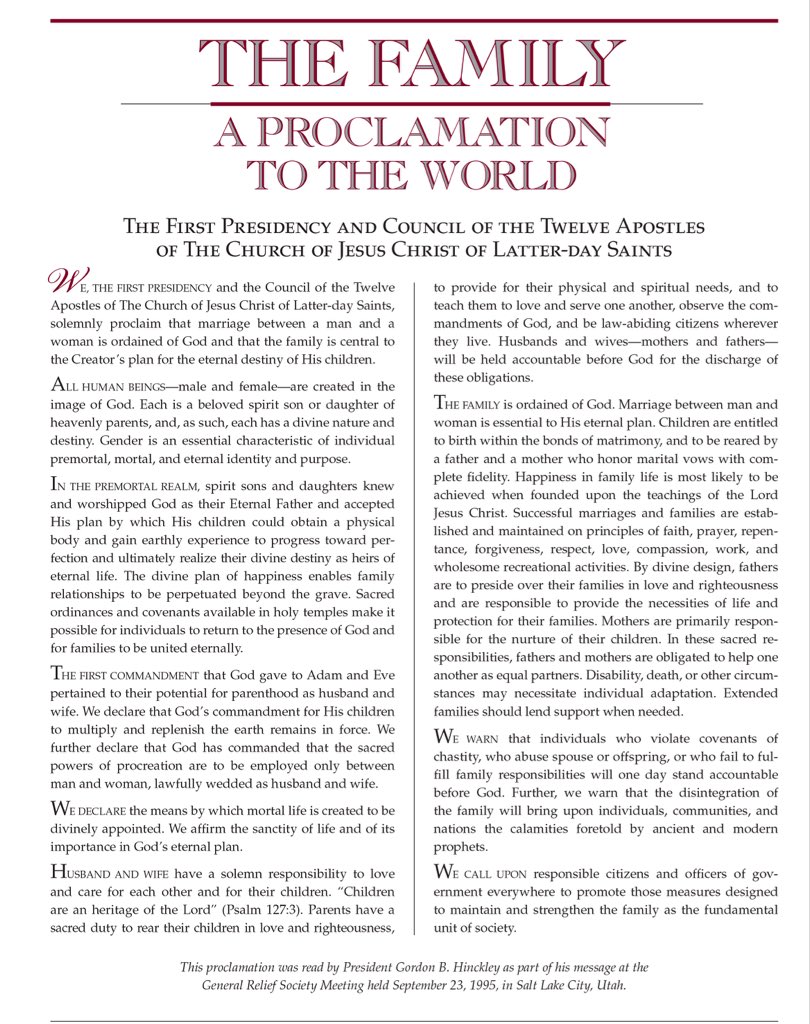 “The Family,

A Proclamation to the World”

Is literally doctrine.