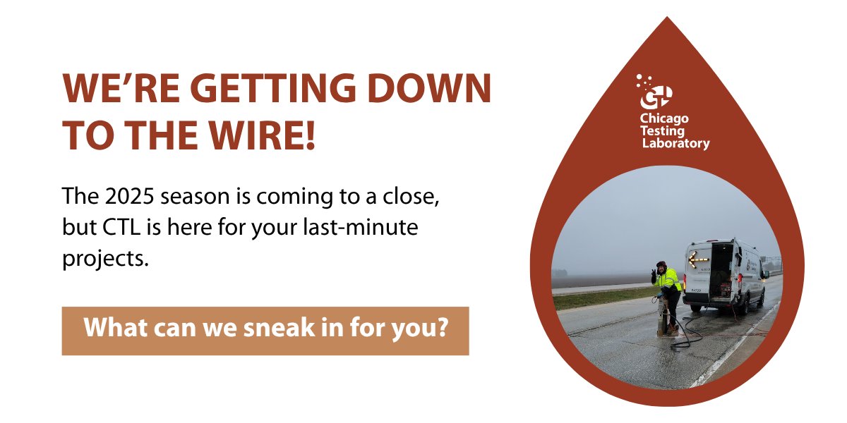 CHITestingLab's tweet image. We want you to make the most of the rest of the 2025 #ConstructionSeason, which means testing.
Whether you need testing to troubleshoot an issue, close out a project, or prep for 2026 work, we can help!
Start here
bit.ly/47hfMxe
#ChicagoTestingLab #CTL #TestingSupport