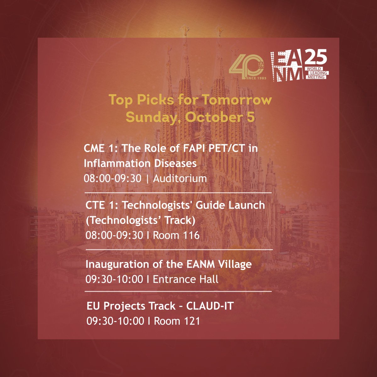 EANM_NucMed's tweet image. Get ready for Day 2 🚀 

We hope you had the chance to reconnect with colleagues and friends! 

Here are tomorrow’s top picks you won’t want to miss 👇 

For any questions, reach us at office@eanm.org or stop by the Registration Desk — we’re happy to help!