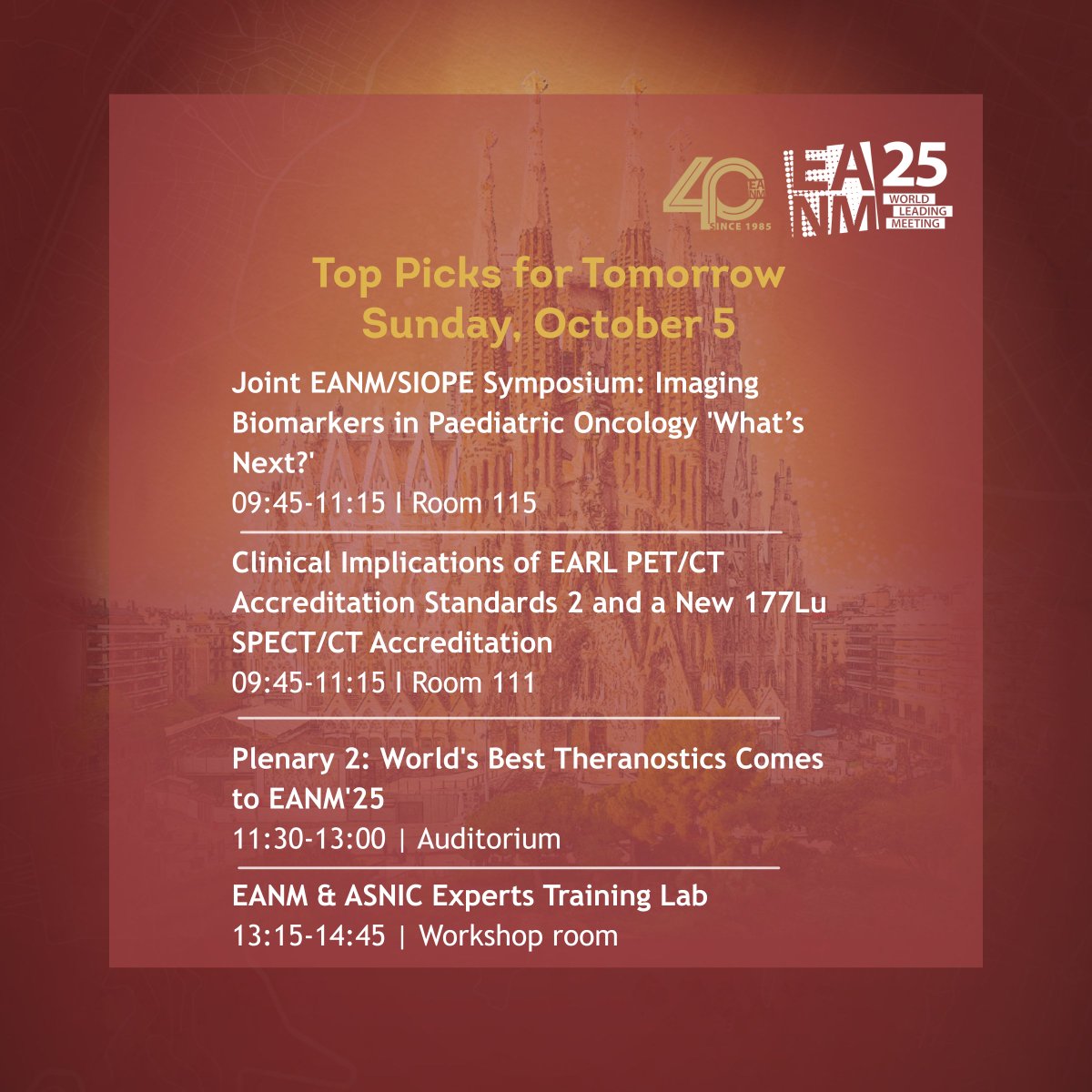 EANM_NucMed's tweet image. Get ready for Day 2 🚀 

We hope you had the chance to reconnect with colleagues and friends! 

Here are tomorrow’s top picks you won’t want to miss 👇 

For any questions, reach us at office@eanm.org or stop by the Registration Desk — we’re happy to help!