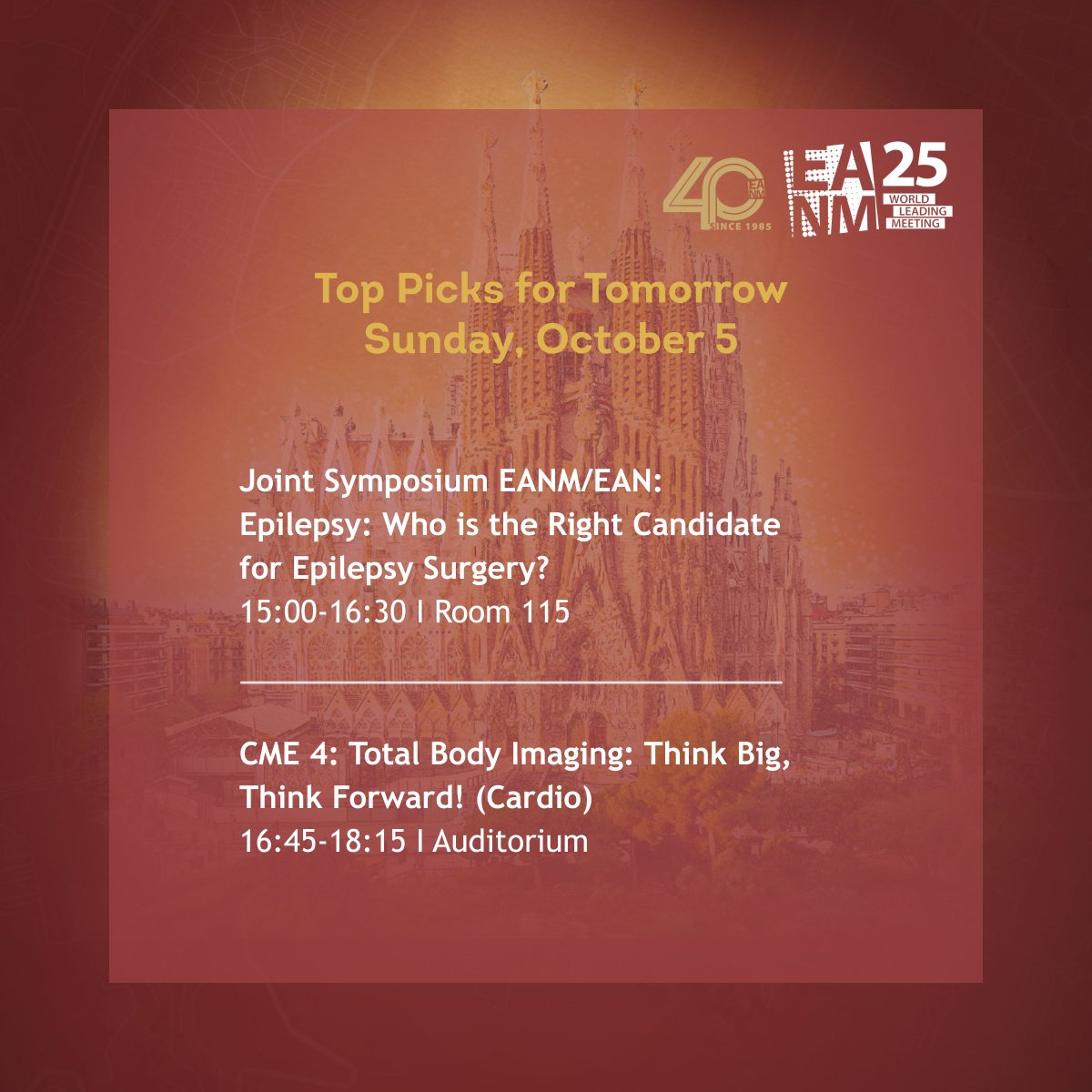 EANM_NucMed's tweet image. Get ready for Day 2 🚀 

We hope you had the chance to reconnect with colleagues and friends! 

Here are tomorrow’s top picks you won’t want to miss 👇 

For any questions, reach us at office@eanm.org or stop by the Registration Desk — we’re happy to help!