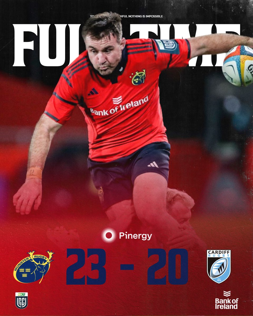 Munsterrugby's tweet photo. Full-time for R2 and a win in Limerick! 🙌
👊Second half tries from Gavin Coombes & Diarmuid Barron and eight points from Jack Crowley's boot, including a drop goal.
#SUAF 🔴 | #MUNvCAR https://t.co/3LASXF3I4L