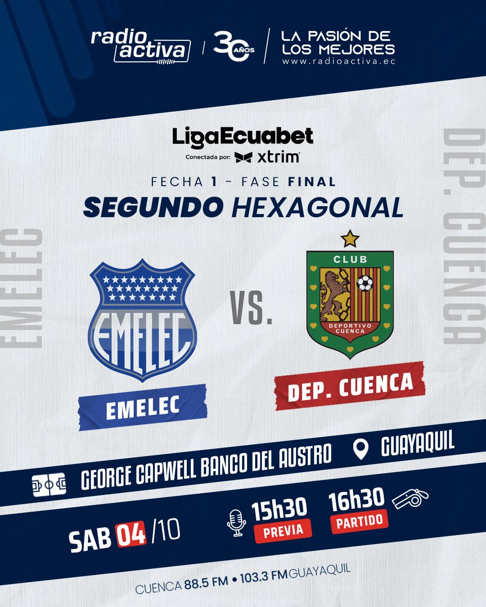 🏟️⚽️ [AL AIRE]

Iniciamos la transmisión del partido:

#Emelec 🔵⚪️🆚 #DCuenca 🔴⚫️

#LigaEcuabet 🏆 #FaseFinal 

🎙️ Relatan: <a href="/andresmunoza/">Andrés Muñoz Araneda</a> y <a href="/geramocam/">Germán Morales</a> 
🗣️ Comenta: <a href="/jp_alvarezc/">Jean Paul Álvarez</a> 
👨🏻‍💻 Informes: <a href="/DiegoZeaV/">Diego Zea Vidal</a> 
📖 Comercial: <a href="/fabrizz61167802/">Fabrizzio Guerra</a> 

Escúchalo en: #Radioactiva 

📻 88.5FM CUE