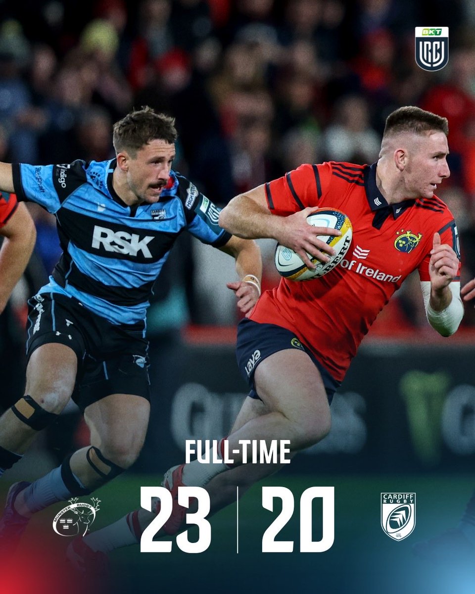 URCOfficial's tweet photo. Munster make it two from two 🔴💥
A strong showing sees them home at full time.
📺 Watch all the action LIVE on Premier Sports
#BKTURC #URC | #MUNvCAR https://t.co/U8vD3jOhrc