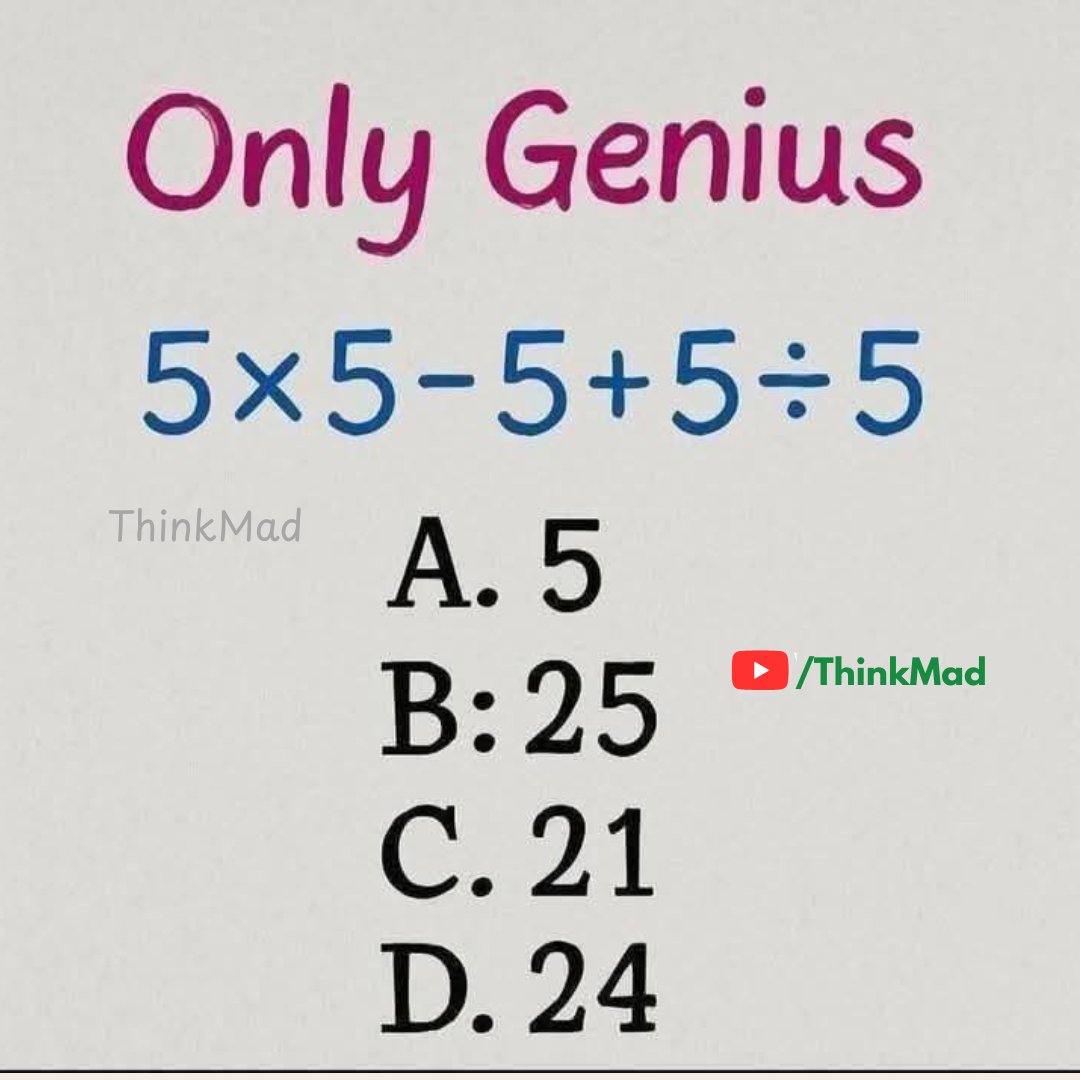 thinkmad_in's tweet image. 🧠 Only geniuses solve this fast! 👉 5 × 5 - 5 + 5 ÷ 5 = ?
Tag a friend who’ll get it wrong! 😂
🎯 Follow @Thinkmad for more fun riddles, brain teasers & logic puzzles every day!
#MathPuzzle #BrainTeaser #QuickMath #RiddleTime #OnlyGenius #MindGames #ReelsIndia