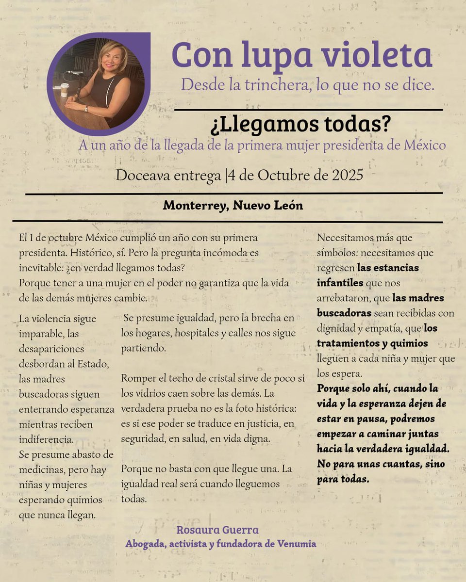 Un año con la primera presidenta de México es histórico.
Pero romper el techo de cristal sirve de poco si los vidrios caen sobre las demás.
👉 ¿Llegamos todas?
#ConLupaVioleta 
Desde nuestra trinchera, lo que no se dice
#somosvenumia