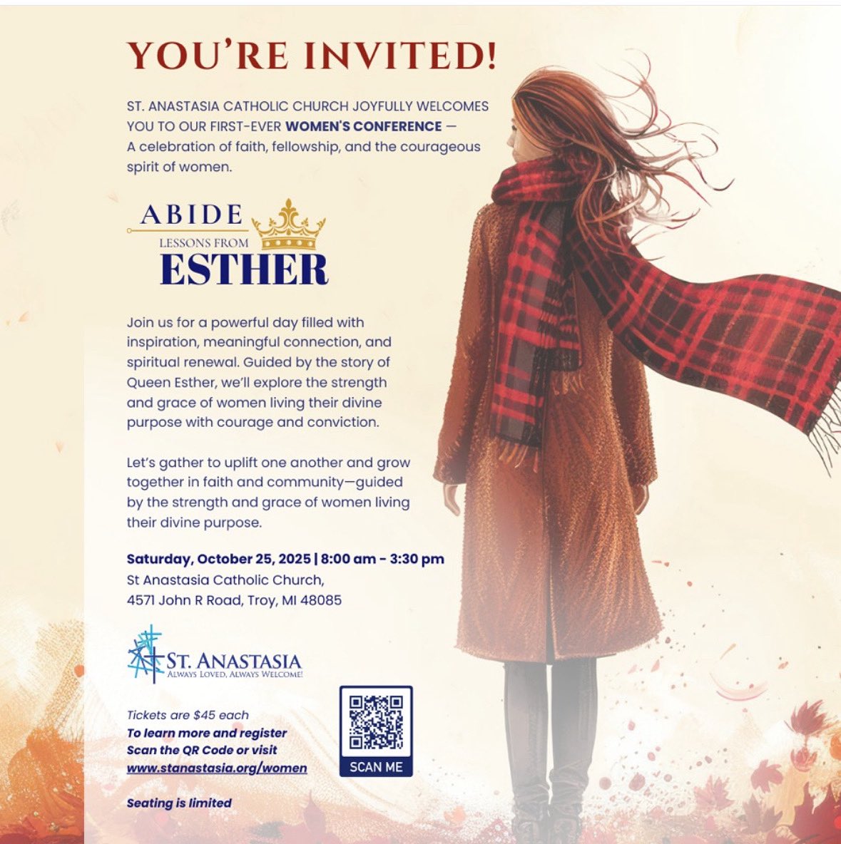 Be sure to join us for this wonderful, uplifting and inspirational day.
Ticket price includes breakfast and a catered lunch! 

Be sure to get your tickets this weekend after Mass or on our website: stanastasia.org/women