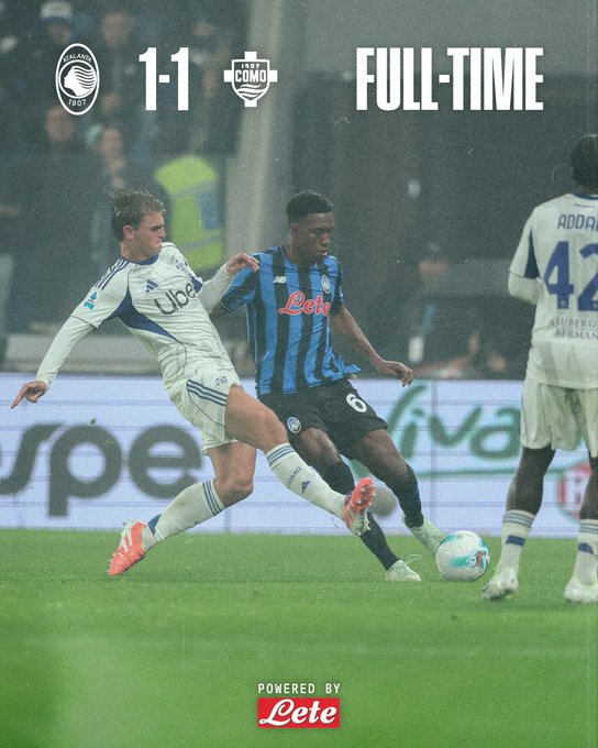 Two soccer players in action on a grassy field. One player in a blue and black striped jersey, identified as Atalanta, is dribbling the ball while another player in a white and blue jersey attempts to tackle. A third player in a white and blue jersey is visible in the background. The scoreboard shows a 1-1 full-time result, with the text "FULL-TIME" and "1-1 Como" visible.