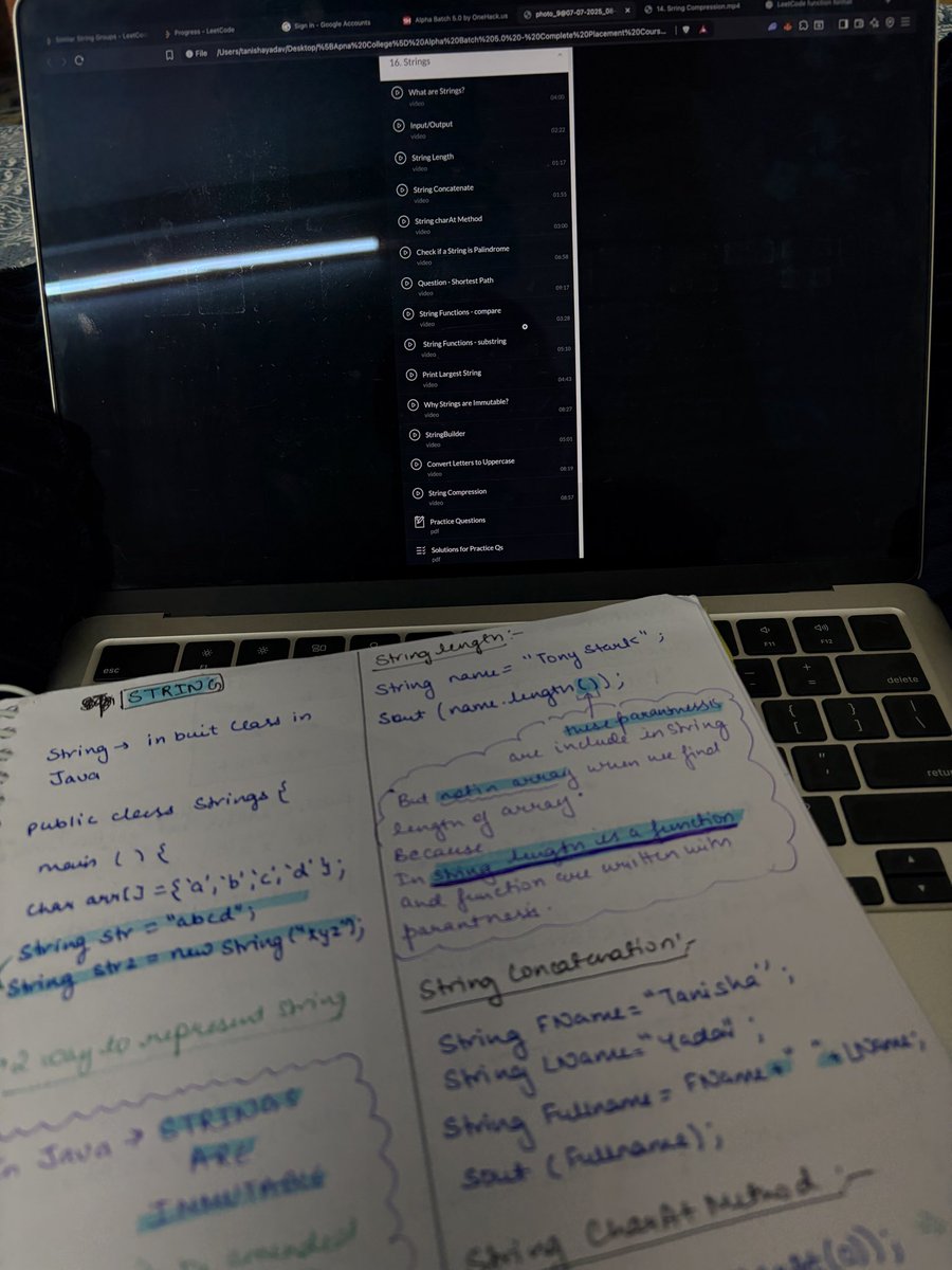 thiside_tanisha's tweet image. Day 2 of #100DaysOfCode 💻
DSA in Java (Apna College Alpha Batch – Ch 17: Strings)
✅ String functions (equals(), charAt())
✅ Shortest path to destination
✅ Largest string (lexicographical)
✅ StringBuilder
✅ Capitalize first letter
✅ String compression
#buildinpublic