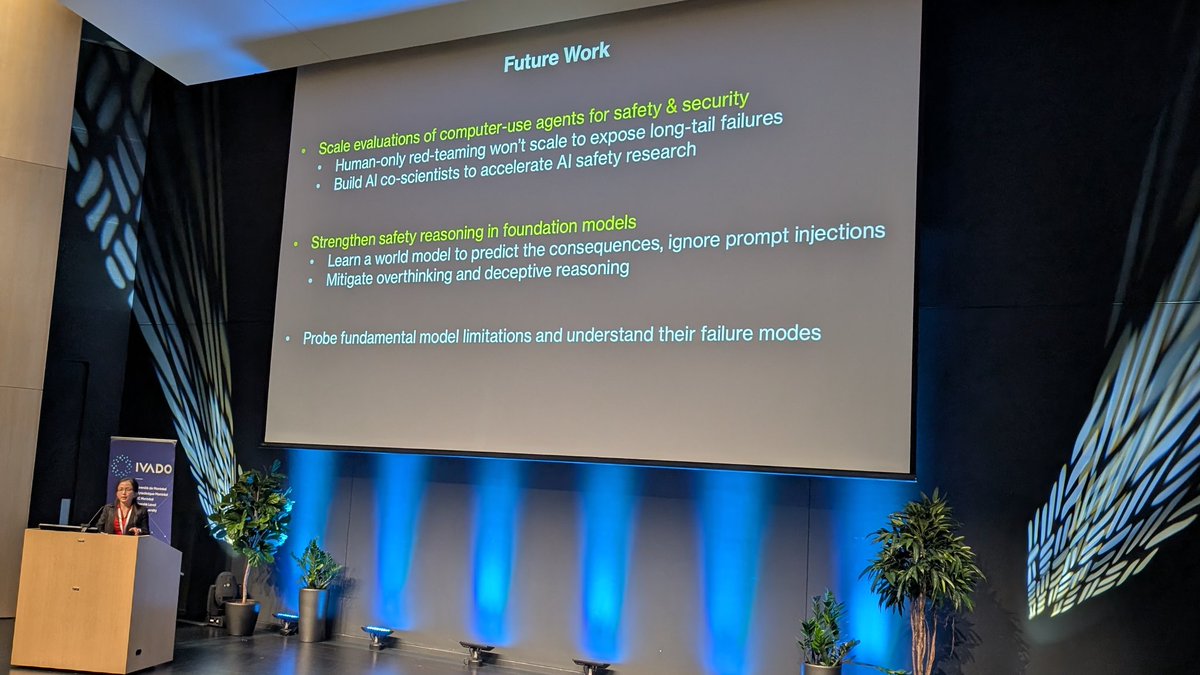 Siva Reddy (@sivareddyg) on Twitter photo Huan Sun (<a href="/hhsun1/">Huan Sun (hiring postdocs)</a>) on improving safety of AI agents
-- capabilities and safety should go hand-in-hand, not an afterthought
-- definition: safety is unintentional alignment, and security involves adversarial attacks. For this talk, safety also involves security.
-- Safety has to Huan Sun (<a href="/hhsun1/">Huan Sun (hiring postdocs)</a>) on improving safety of AI agents
-- capabilities and safety should go hand-in-hand, not an afterthought
-- definition: safety is unintentional alignment, and security involves adversarial attacks. For this talk, safety also involves security.
-- Safety has to