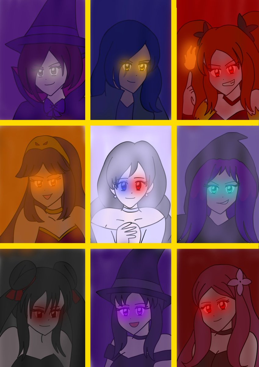 Made Spooktober art with spooky characters.
 
Shini the dhampir
Kage the night beast
Maya the demon 
Arisa the mummy 
Lin the ghost
Destiny the reaper
Sayaka the succubus 
Tanya the witch
Hera the monster 

#spooky #horror #art #spooktober