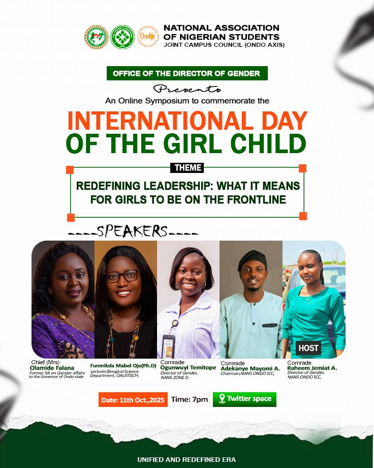 bethlanglobal's tweet photo. Proudly designed for office of the Director of Gender, NANS JCC Ondo Axis, in celebration of the International Day of the Girl Child 2025 💚
A creative expression of purpose, leadership, and the power of the girl child to lead and inspire change. 🌍💫

#BethlanGlobal #NANSONDOJCC https://t.co/0xkQXZCWgg