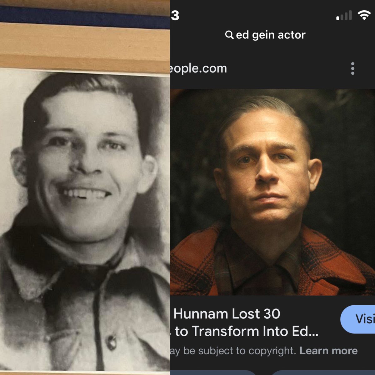 Was watching the Netflix series “monster - the ed grin story” couldn’t get over how much this photo of my grandfather looks like the actor lol <a href="/CharlieHunnamFC/">Charlie Hunnam</a>
