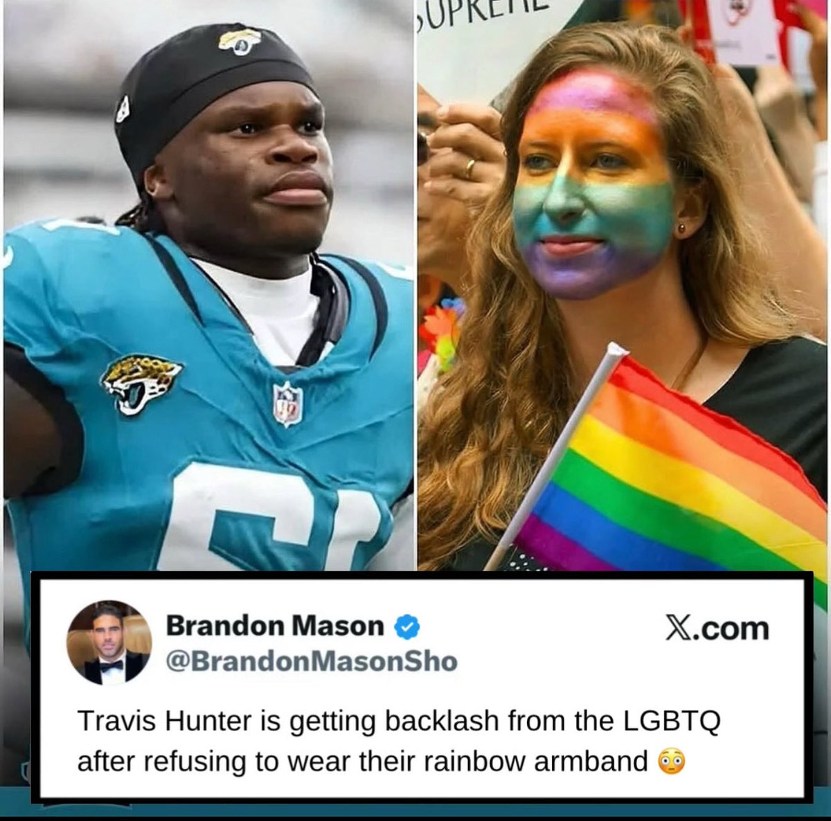 BREAKING: Travis Hunter is getting backlash from the LGBTQ after refusing to wear their rainbow armband calling it a “woke agenda.” The Jacksonville Jaguars star said he wants to focus on football, not politics. #nfl #travishunter #jaguars 

How do you feel?