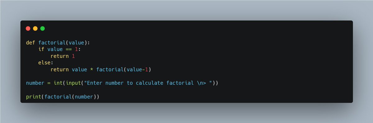 dkingony's tweet image. Day 57 of 100
Recursions 🔁
Today, I learnt the use of recursions (calling a function within itself) which comes in handy when a problem can be broken into smaller versions of itself. I wrote a simple factorial math with it 😀
#Replit100DaysOfCode #100DaysOfCode #buildinpublic