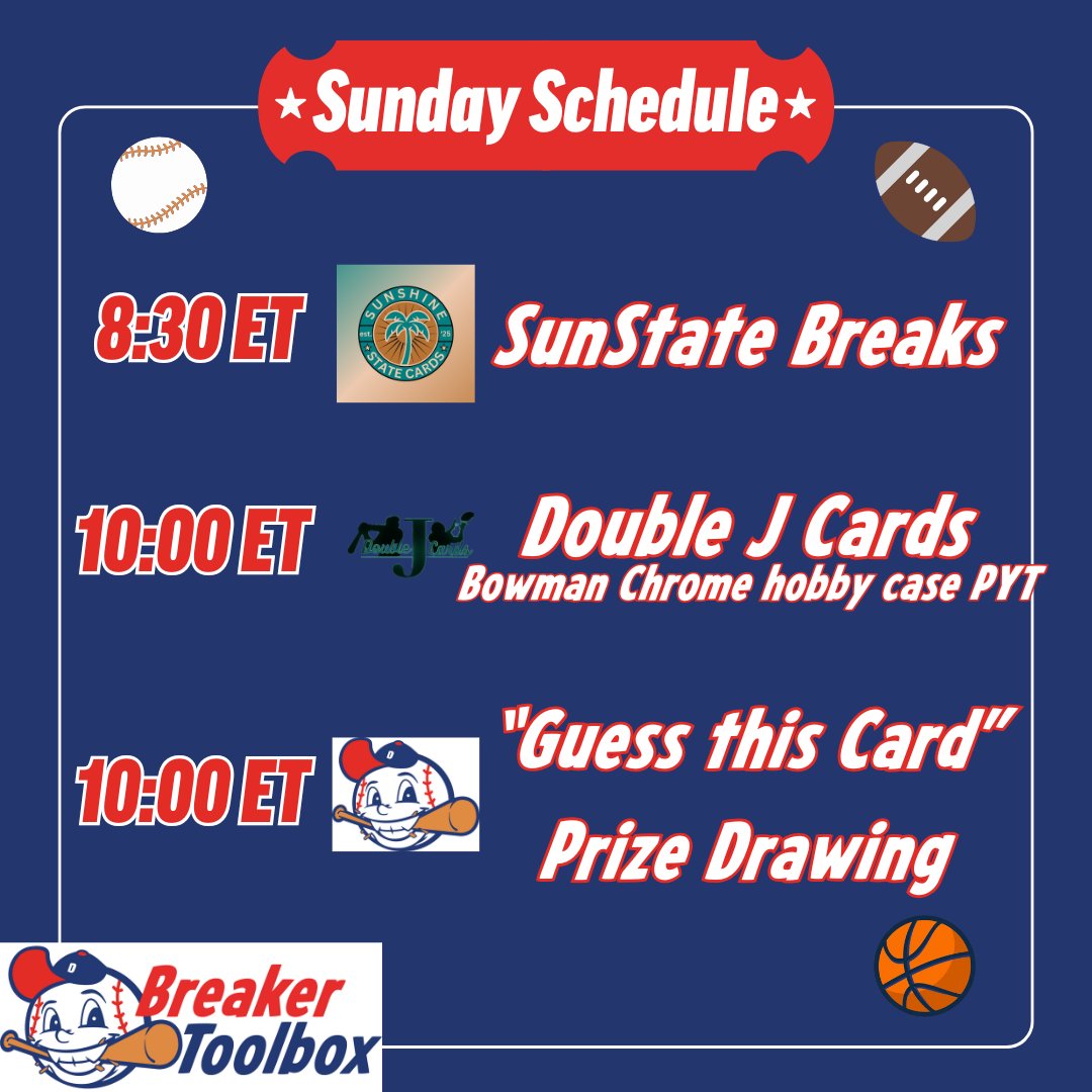 BreakerToolbox's tweet image. Double-header tomorrow night!
SunState Breaks @ 8:30 ET
Double J Cards @ 10 ET
#cardbreaks #baseballcards #bowmanchrome #topps #paniniamerica