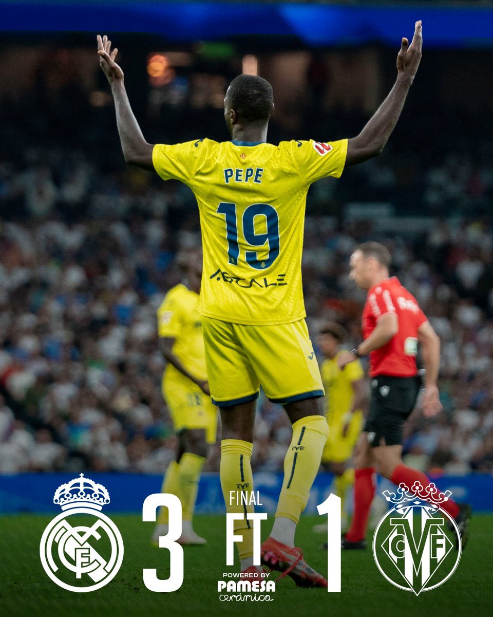 🔴 Cae el Villarreal 3-1 ante el Real Madrid en el Santiago Bernabéu.

🤦🏻‍♂️ Cuadra Fernández ha decidido cargarse el partido con el 1-0 pitando un penalti muy riguroso y expulsando a Mouriño en una acción que no era ni falta.

⚽️ Segundo gol de Mikautadze en La Liga.