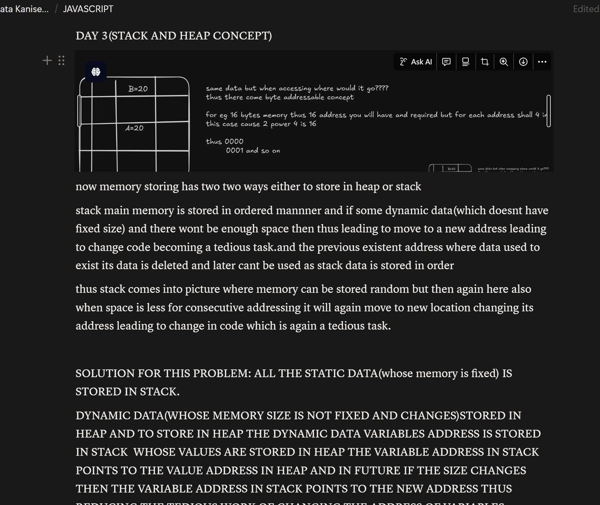 dhanasrikanise1's tweet image. Days 18–19 Completed — Defense Course (MERN + Spring Boot + System Design + AI) by #CoderArmy
Learnt about the stack and heap , memory allocation, garbage collection &amp;amp; JS operators (arithmetic, logical).
Made proper digital notes too!
Thanks @rohit_negi9 &amp;amp; @adityatandon02 🙌