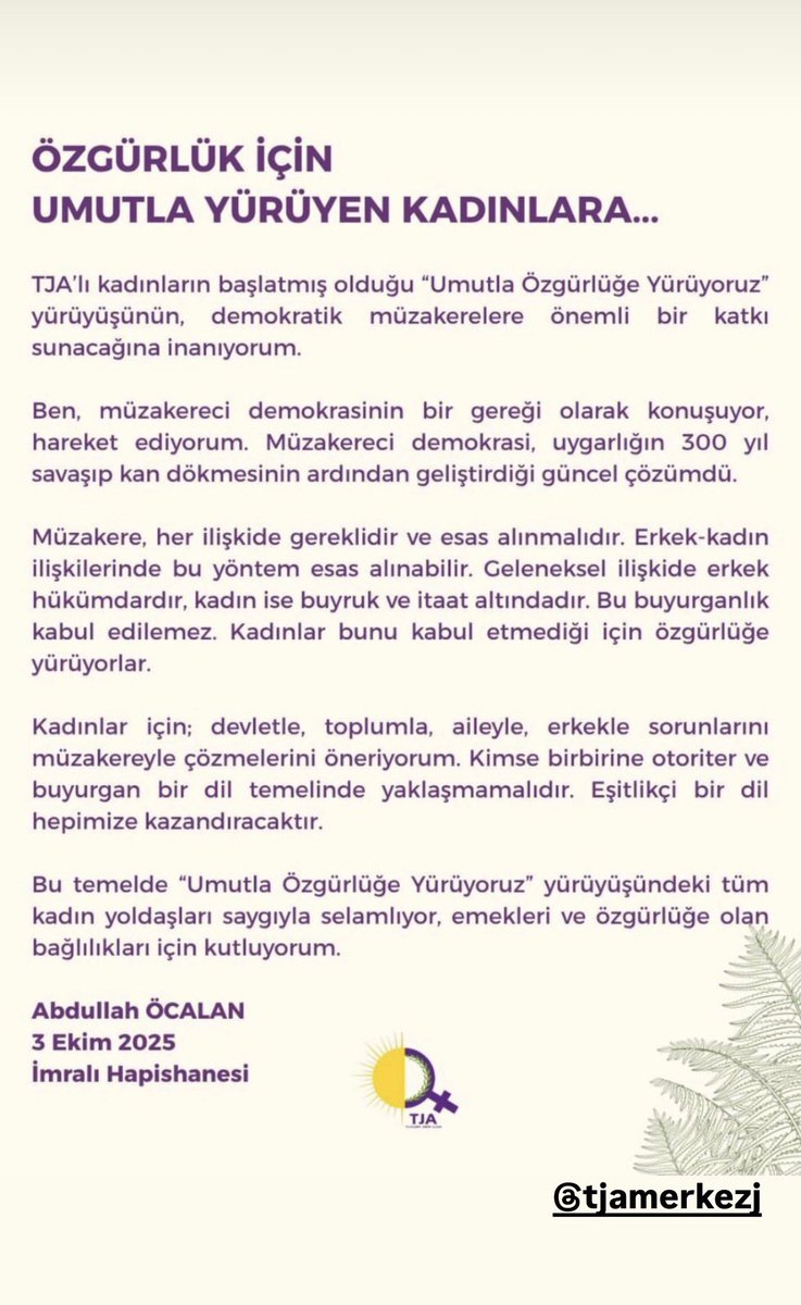 Halklar Önderi Sayın Abdullah Öcalan 'ın Özgürlük Yürüyüşü'müze gönderdiği mesajı 🙏🏼
<a href="/tjanavend/">Tevgera Jinên Azad</a>
#umutlaözgürlüğeyürüyoruz
